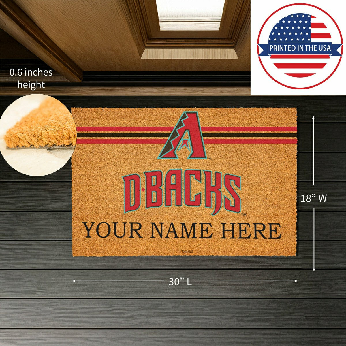 Arizona Diamondbacks Personalized Mat, Natural Coir with Color Logo, 3, MLB