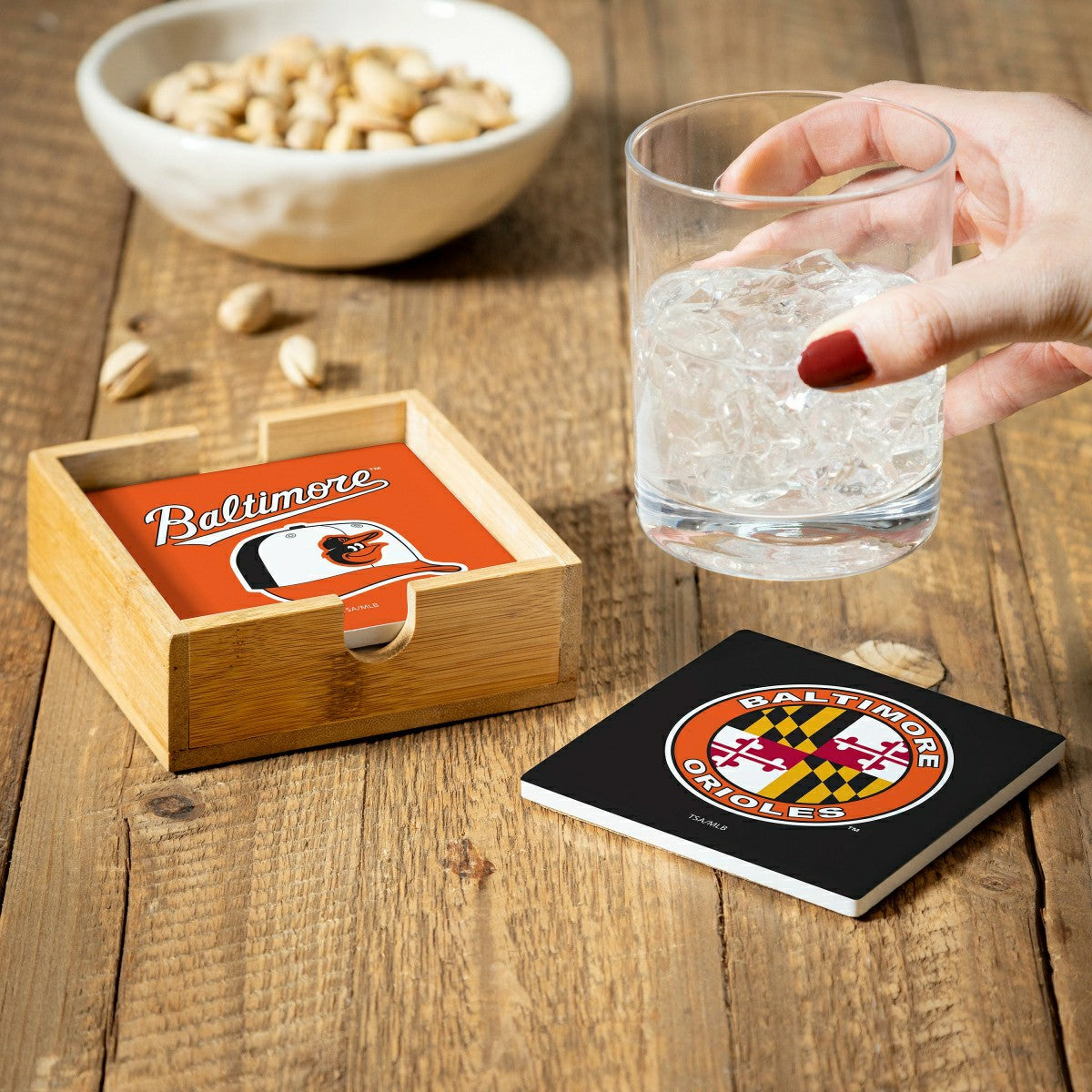 Baltimore Orioles Ceramic Coasters Set, 4pcs with Wood Caddy, MLB, Home