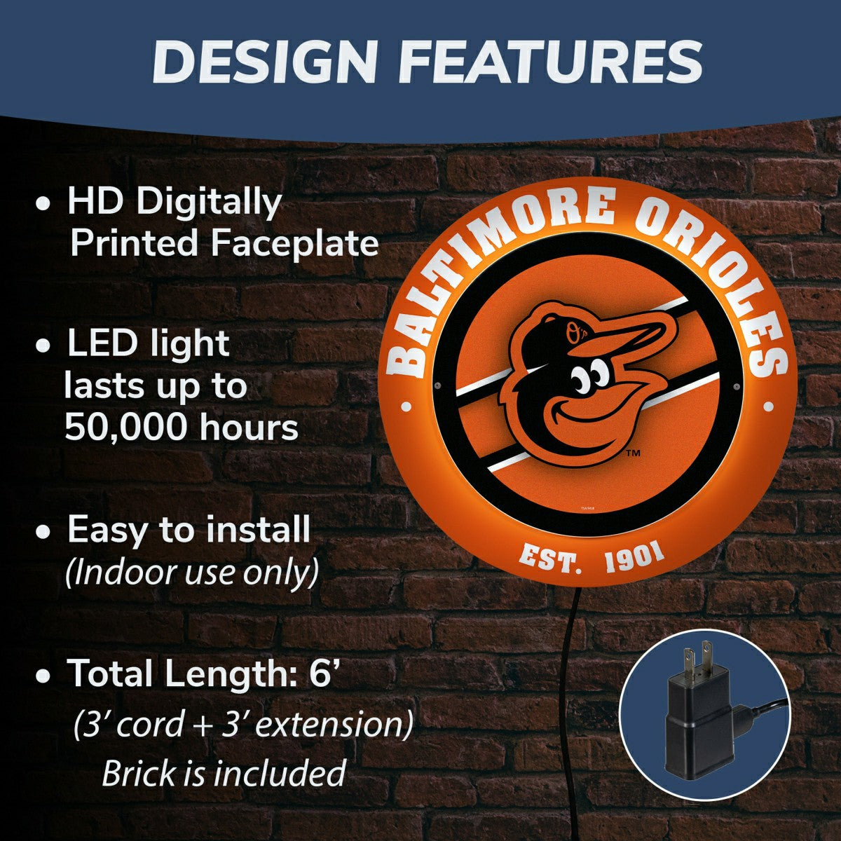Baltimore Orioles, Metal Lite, Round, MLB
