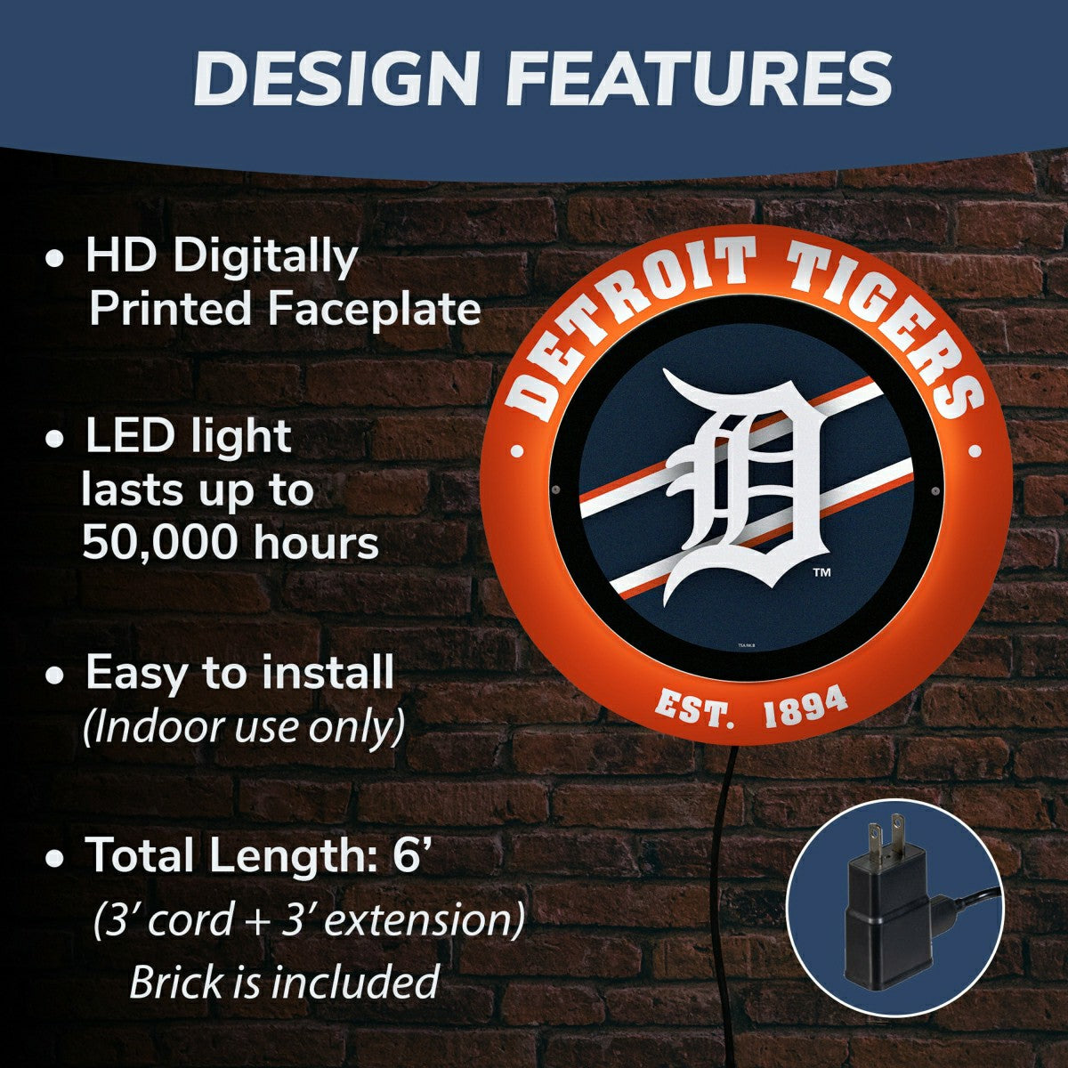 Detroit Tigers, Metal Lite, Round, MLB