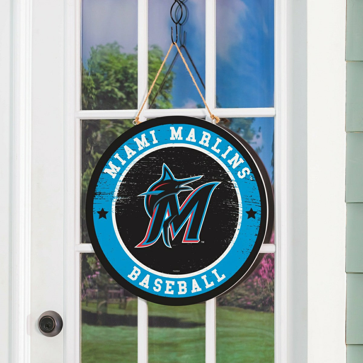 Miami Marlins Round Door Décor with Hanging Rope, 18x18, MLB, Home