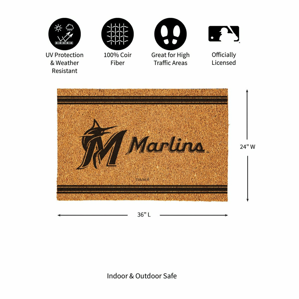 Miami Marlins Large One Color Coir Mat, 36"x24", MLB