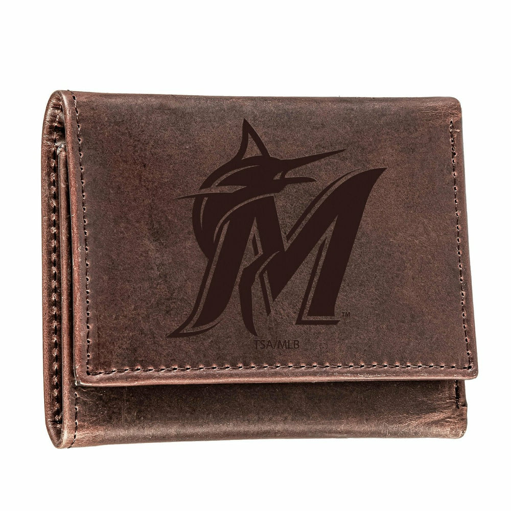 Miami Marlins Tri-Fold Wallet Brown 100% Genuine Leather, MLB, Home