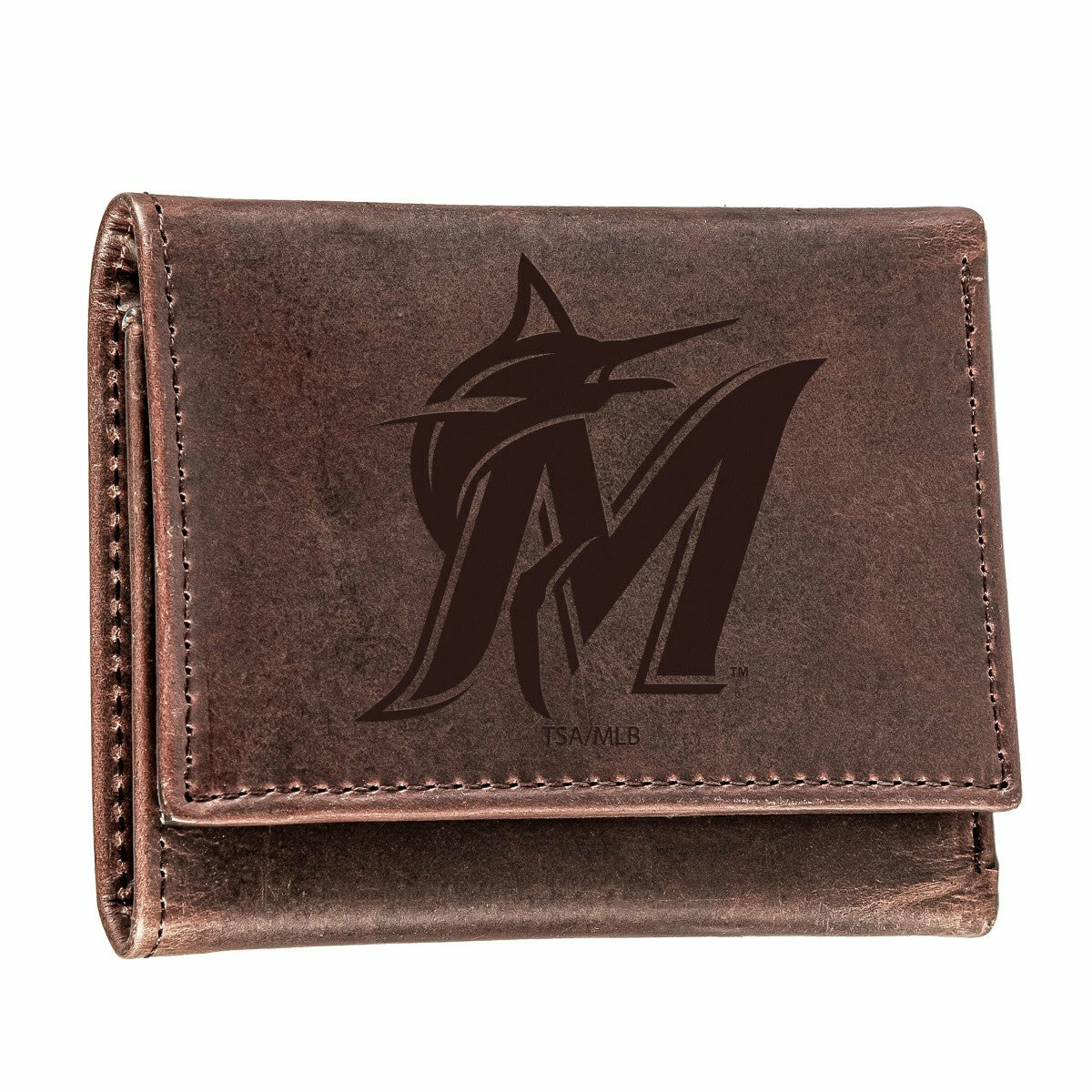 Miami Marlins Tri-Fold Wallet Brown 100% Genuine Leather, MLB, Home