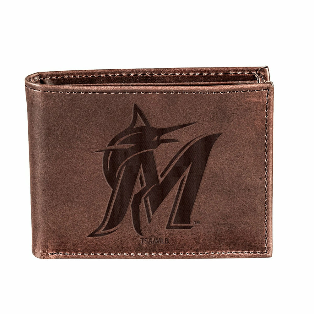 Miami Marlins Bi-Fold Wallet Brown 100% Genuine Leather, MLB, Home