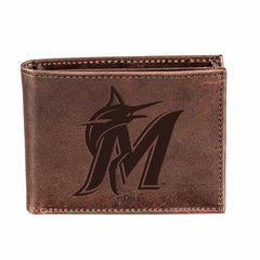 Miami Marlins Bi-Fold Wallet Brown 100% Genuine Leather, MLB, Home