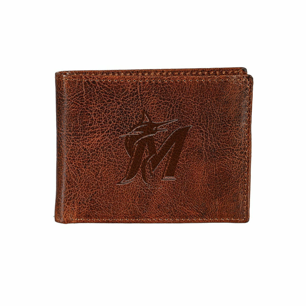 Miami Marlins, Embossed 100% Genuine Tumbled Leather Passcase Bi-Fold , MLB, Home