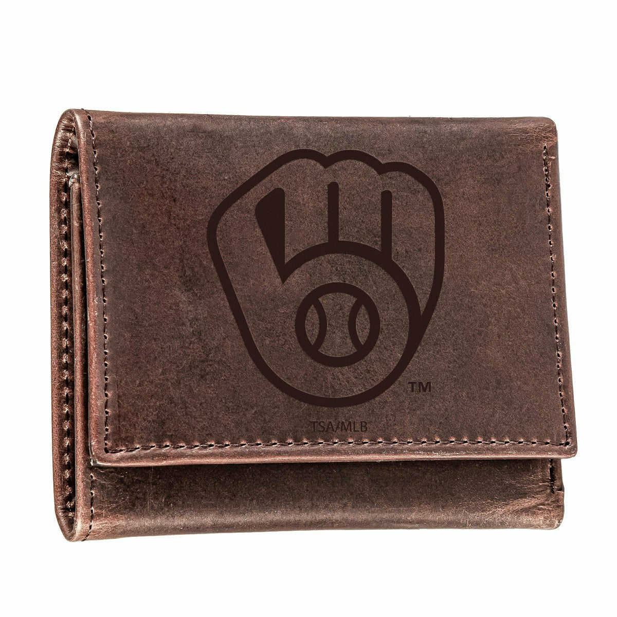 Milwaukee Brewers Tri-Fold Wallet Brown 100% Genuine Leather, MLB, Home