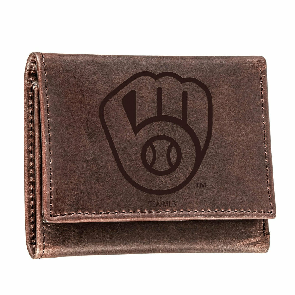 Milwaukee Brewers Tri-Fold Wallet Brown 100% Genuine Leather, MLB, Home
