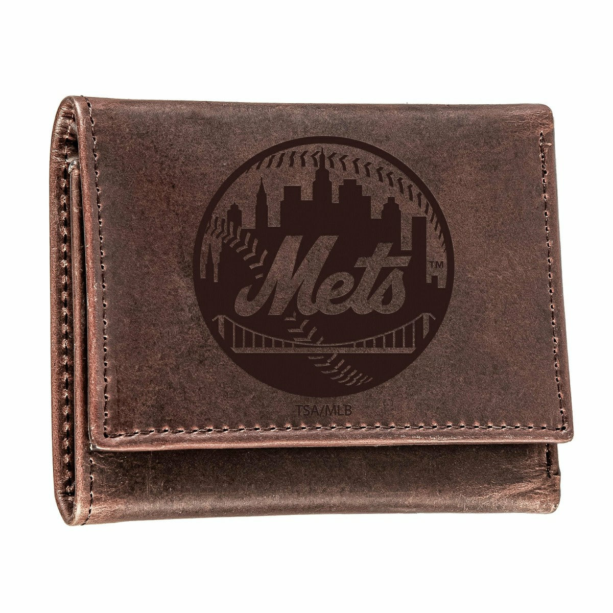 New York Mets Tri-Fold Wallet Brown 100% Genuine Leather, MLB, Home