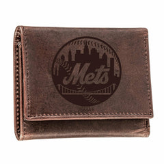 New York Mets Tri-Fold Wallet Brown 100% Genuine Leather, MLB, Home