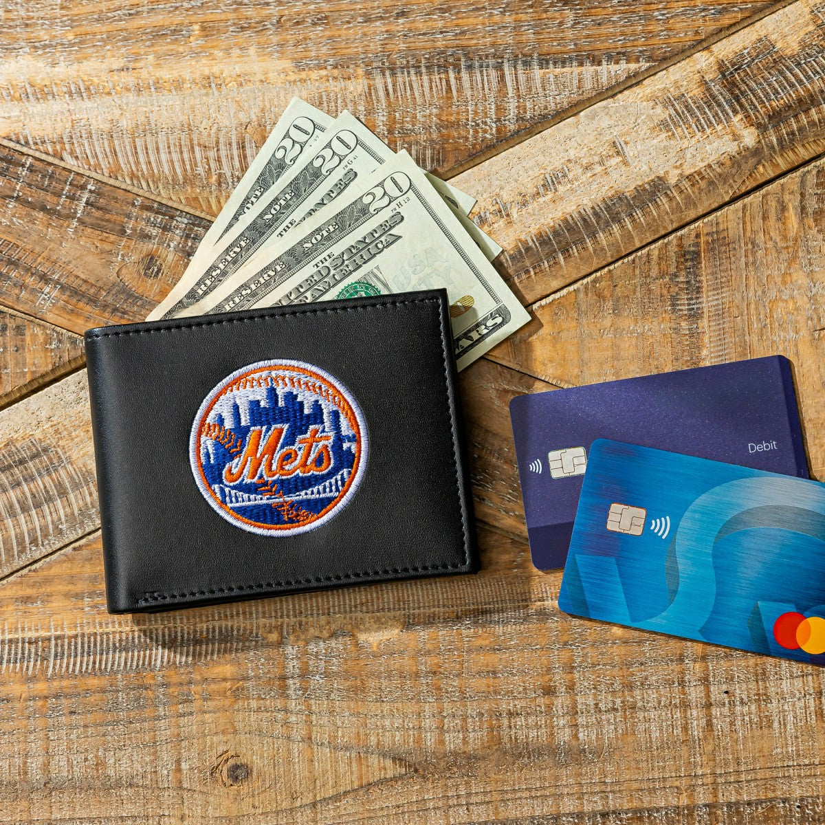 New York Mets Black Bi-Fold Embroidered Wallet, MLB, Home