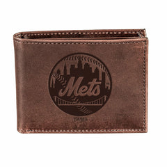 New York Mets Bi-Fold Wallet Brown 100% Genuine Leather, MLB, Home