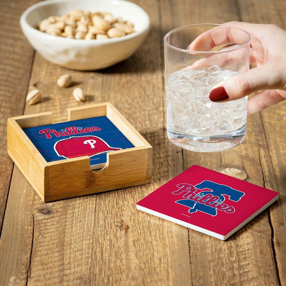 Philadelphia Phillies Ceramic Coasters Set, 4pcs with Wood Caddy, MLB, Home