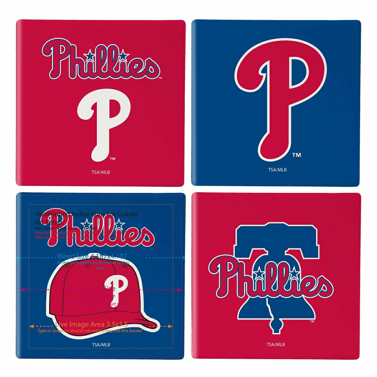 Philadelphia Phillies Ceramic Coasters Set, 4pcs with Wood Caddy, MLB, Home