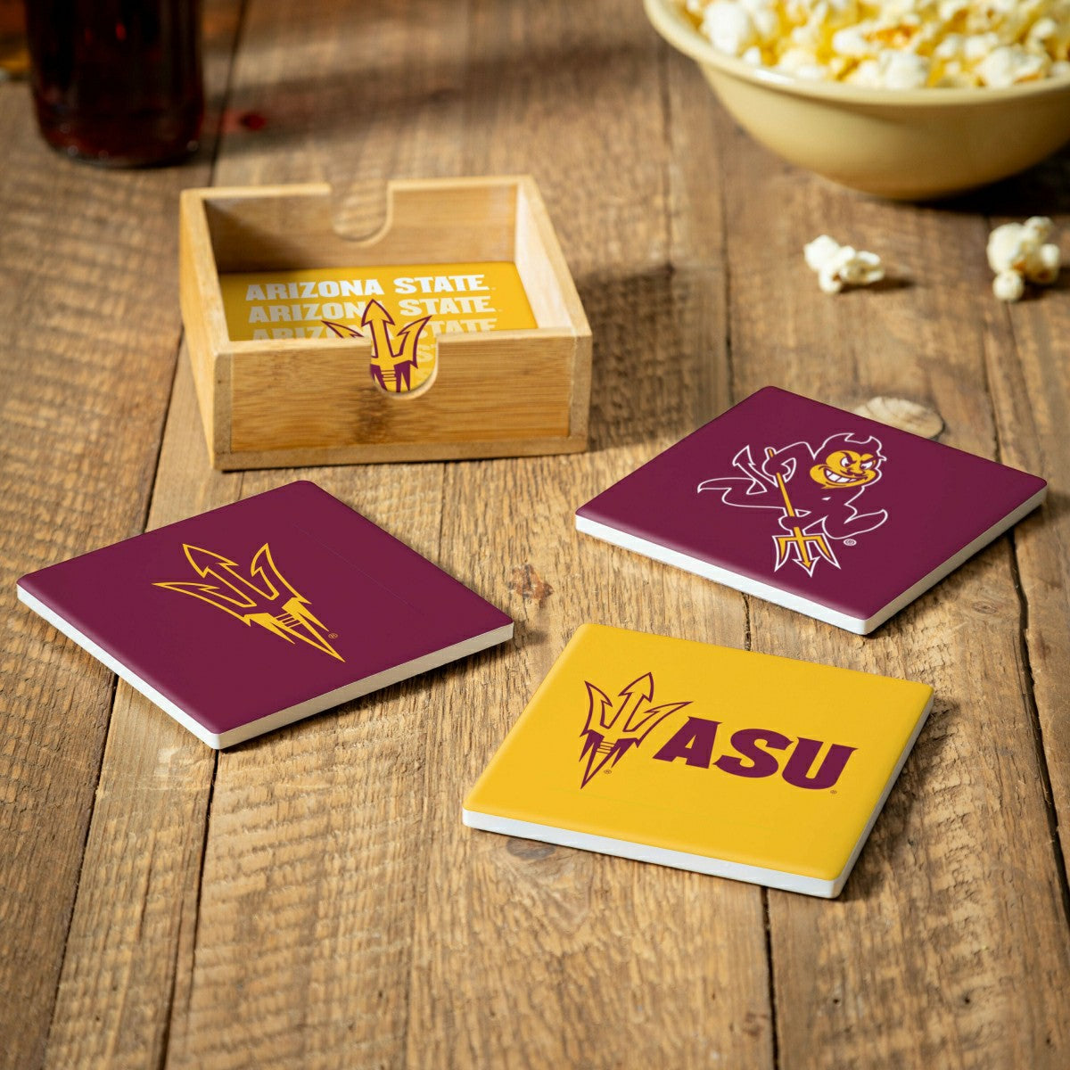 Arizona State University Ceramic Coasters Set, 4pcs with Wood Caddy, Collegiate, Home