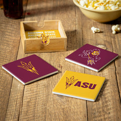 Arizona State University Ceramic Coasters Set, 4pcs with Wood Caddy, Collegiate, Home