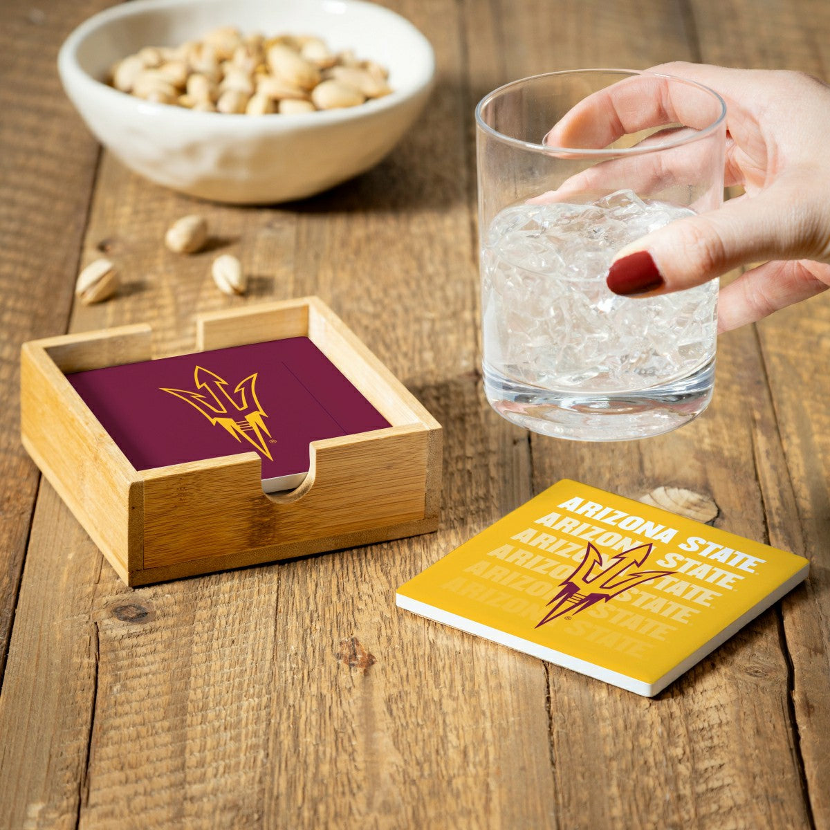 Arizona State University Ceramic Coasters Set, 4pcs with Wood Caddy, Collegiate, Home