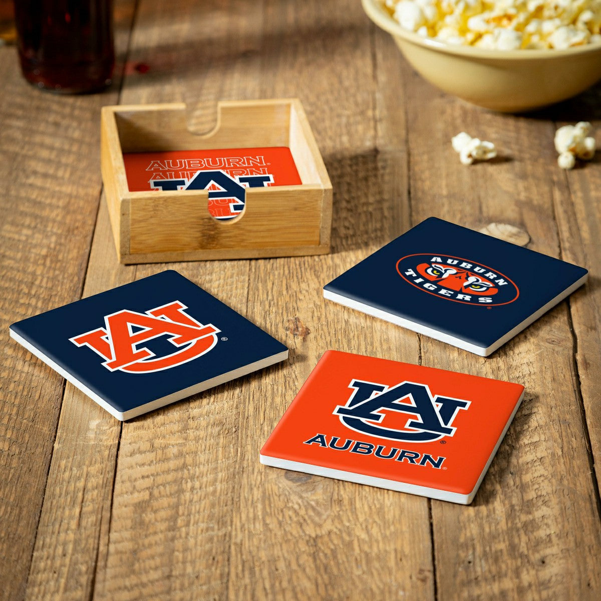 Auburn University Ceramic Coasters Set, 4pcs with Wood Caddy, Collegiate, Home