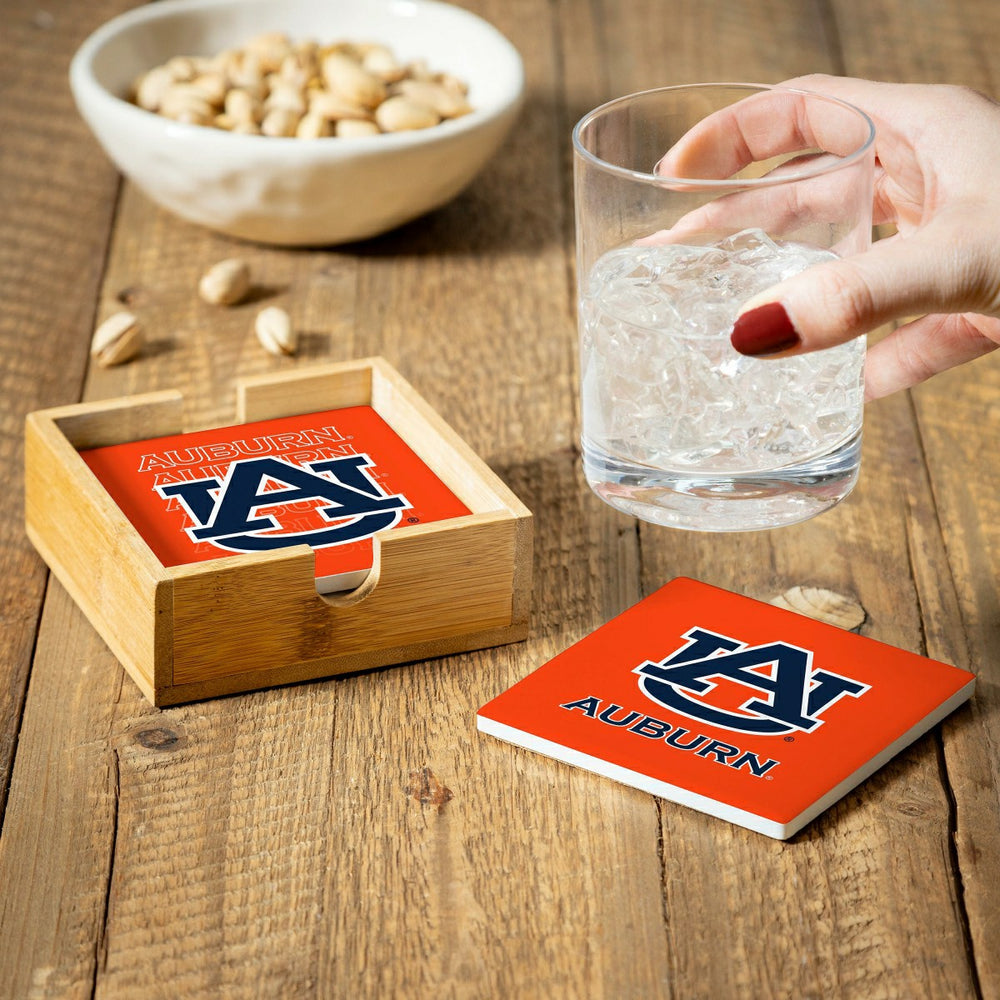 Auburn University Ceramic Coasters Set, 4pcs with Wood Caddy, Collegiate, Home