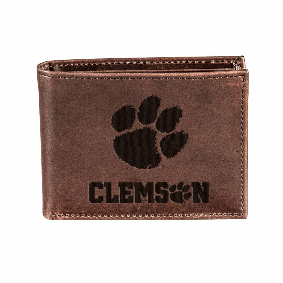 Clemson University, Bi-Fold Wallet, Brown, CH, 100% Genuine Leather, Collegiate, Home