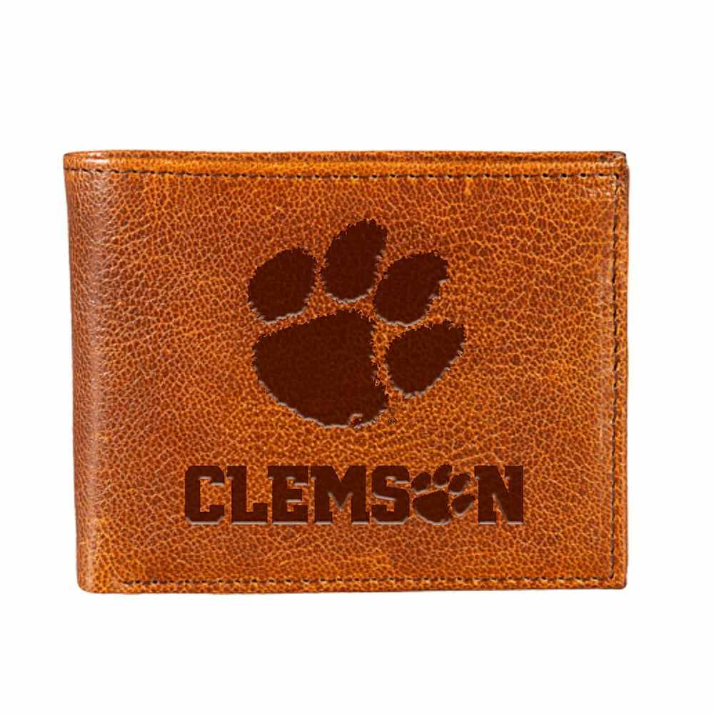 Clemson University, Embossed 100% Genuine Tumbled Leather Passcase Bi-, Collegiate, Home