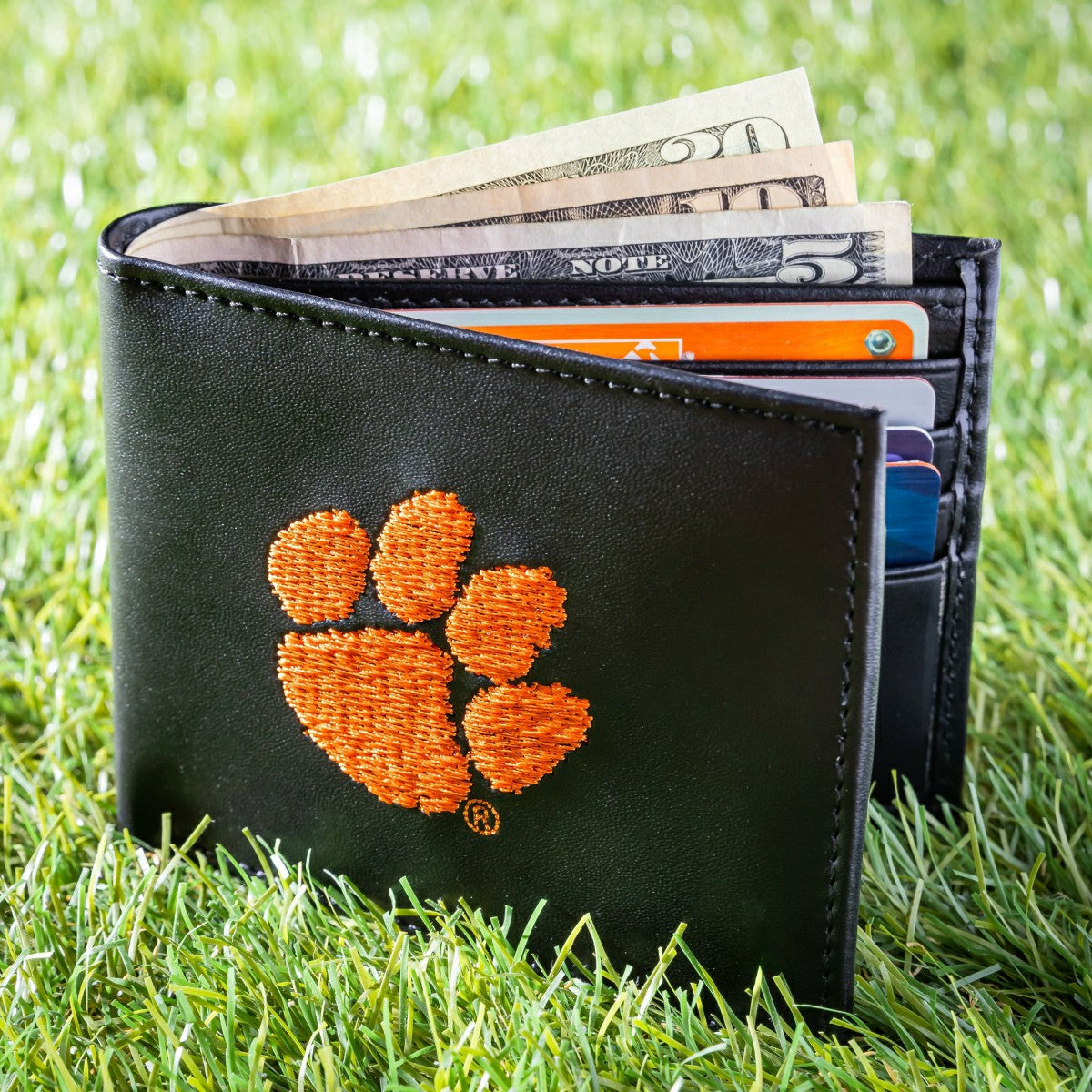 Clemson University Black Bi-Fold Embroidered Wallet w/ RFID Blocking, Collegiate, Home