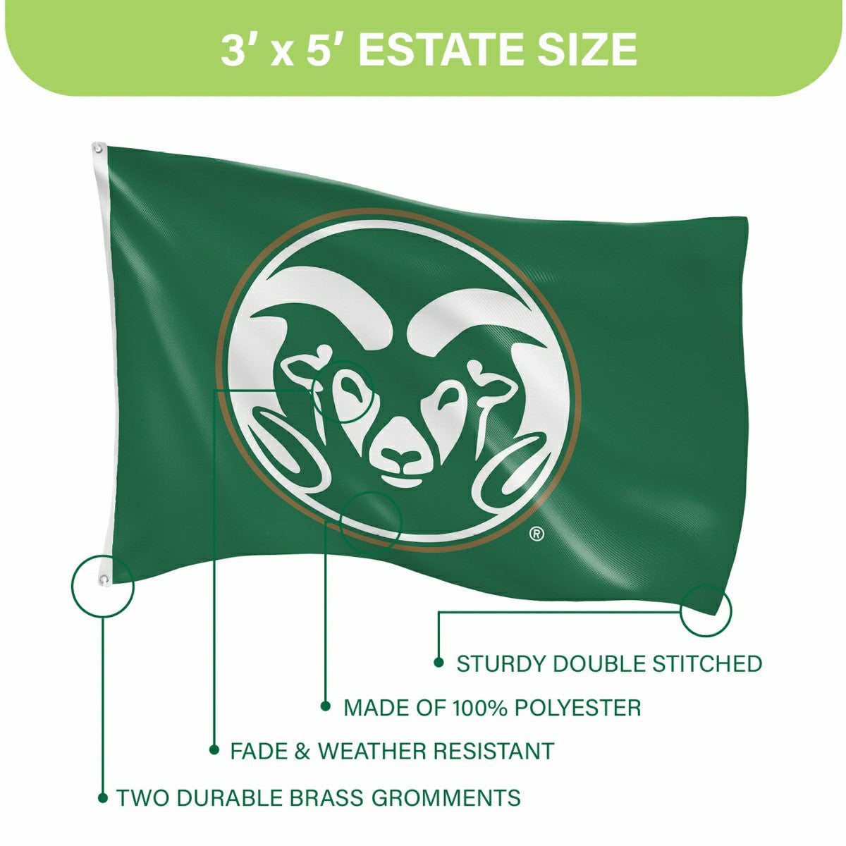 Colorado State Single Sided Flag w/ 2 Grommets, 3'x5', Collegiate, Home