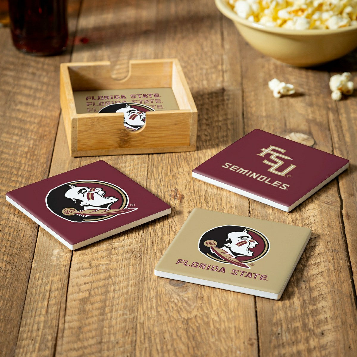 Florida State University Ceramic Coasters Set, 4pcs with Wood Caddy, Collegiate, Home