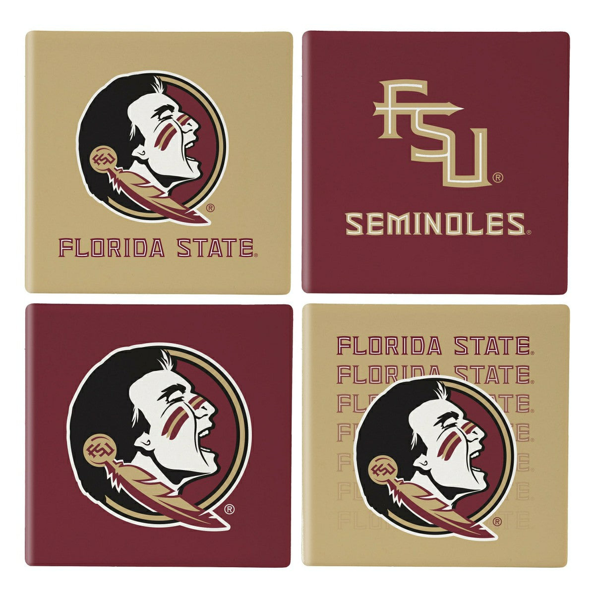 Florida State University Ceramic Coasters Set, 4pcs with Wood Caddy, Collegiate, Home