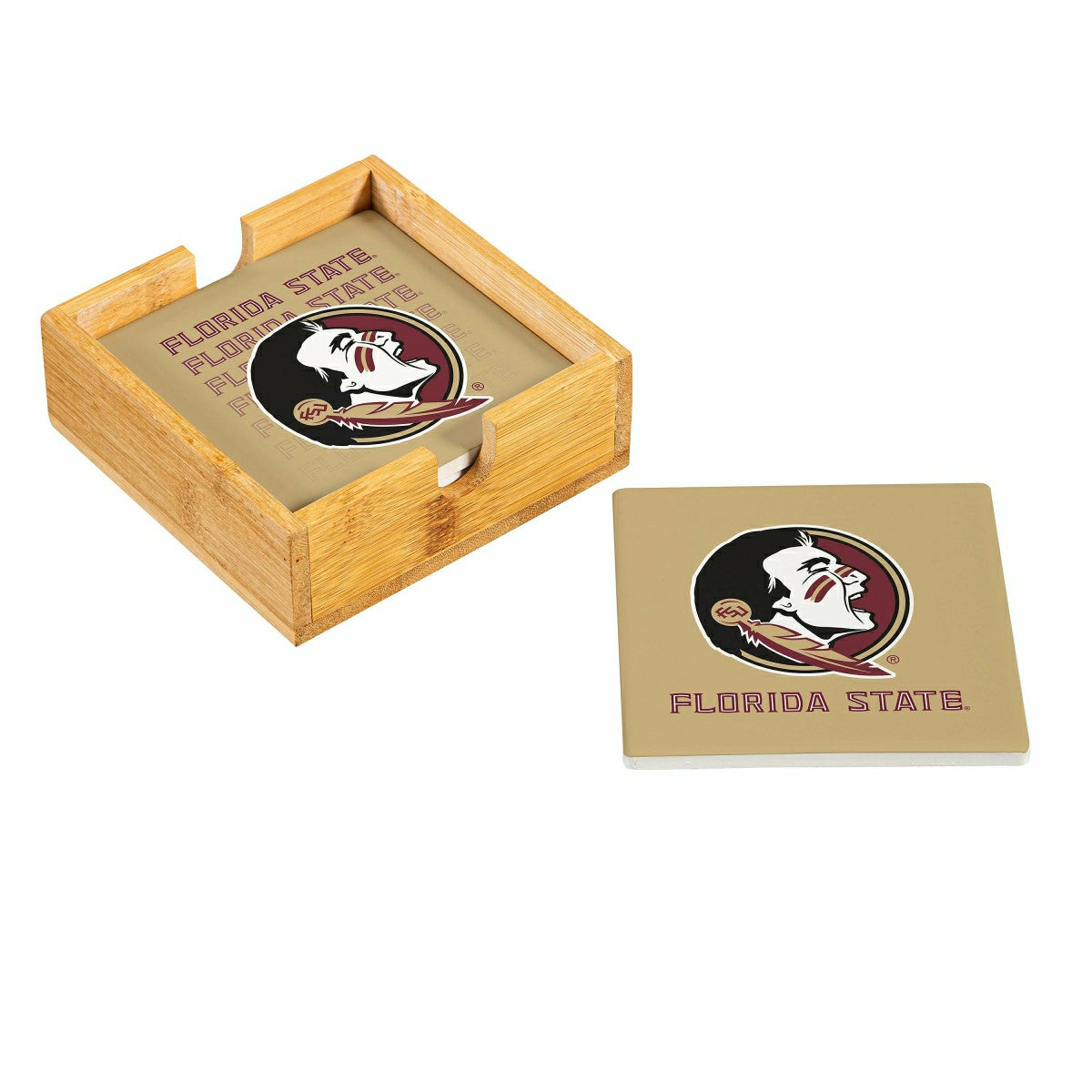 Florida State University Ceramic Coasters Set, 4pcs with Wood Caddy, Collegiate, Home