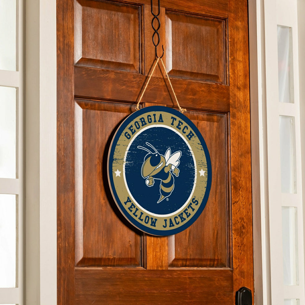 Georgia Tech Round Door Décor with Hanging Rope, 18x18, Collegiate, Home