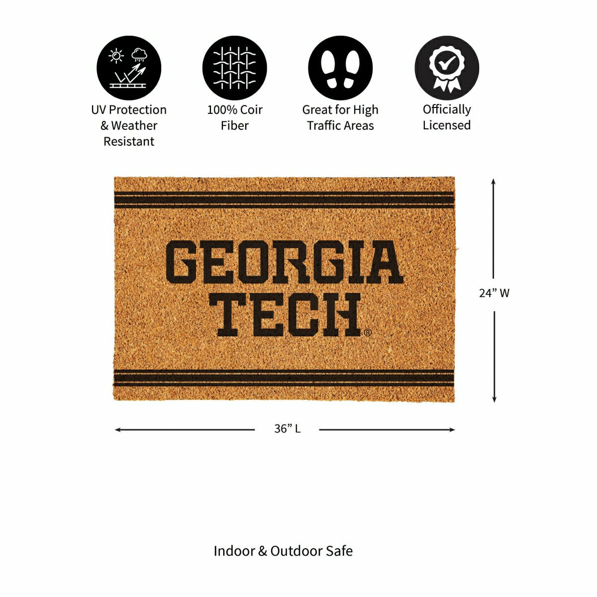 Georgia Tech Large One Color Coir Mat, 36"x24", Collegiate