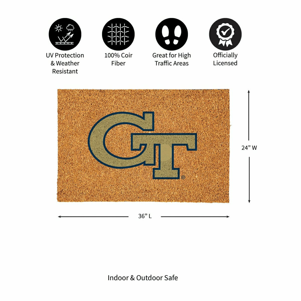 Georgia Tech Large Full Color Coir Mat, 36"x24", Collegiate