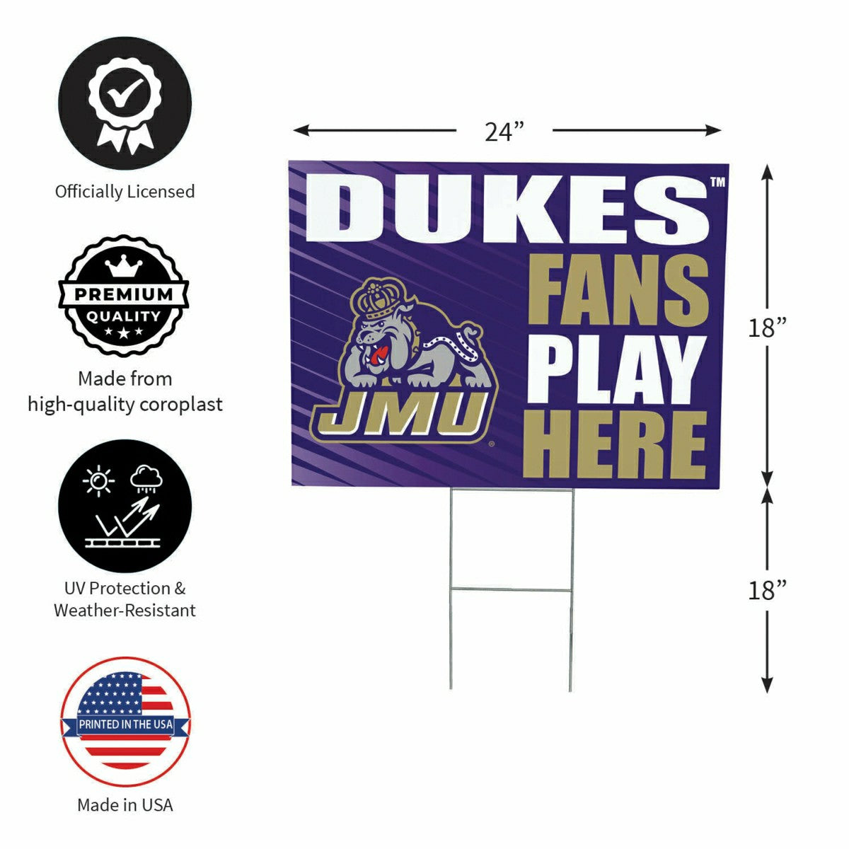 James Madison University Coroplast Yard Sign "Fans Play Here", Collegiate, Home