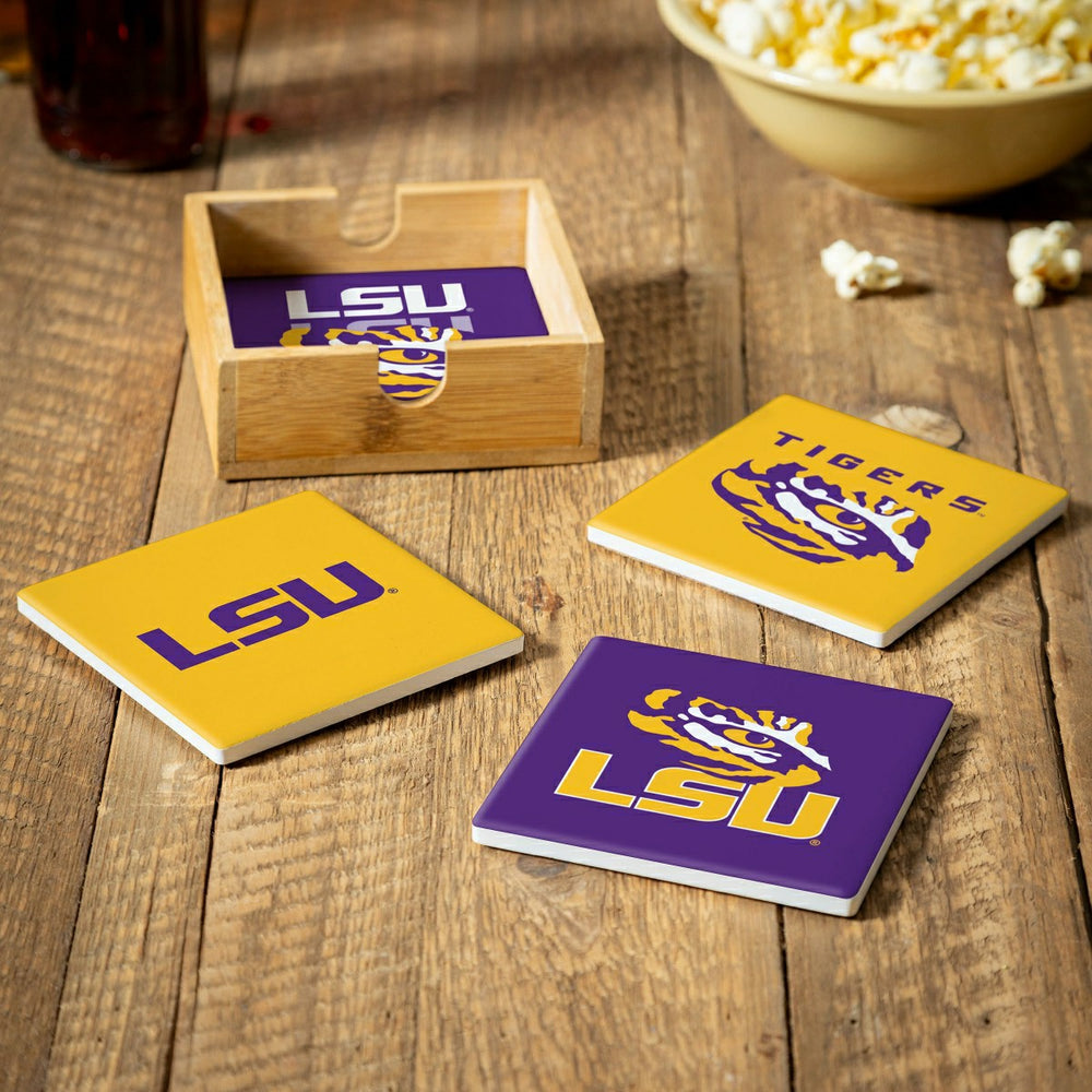 Louisiana State University Ceramic Coasters Set, 4pcs with Wood Caddy, Collegiate, Home