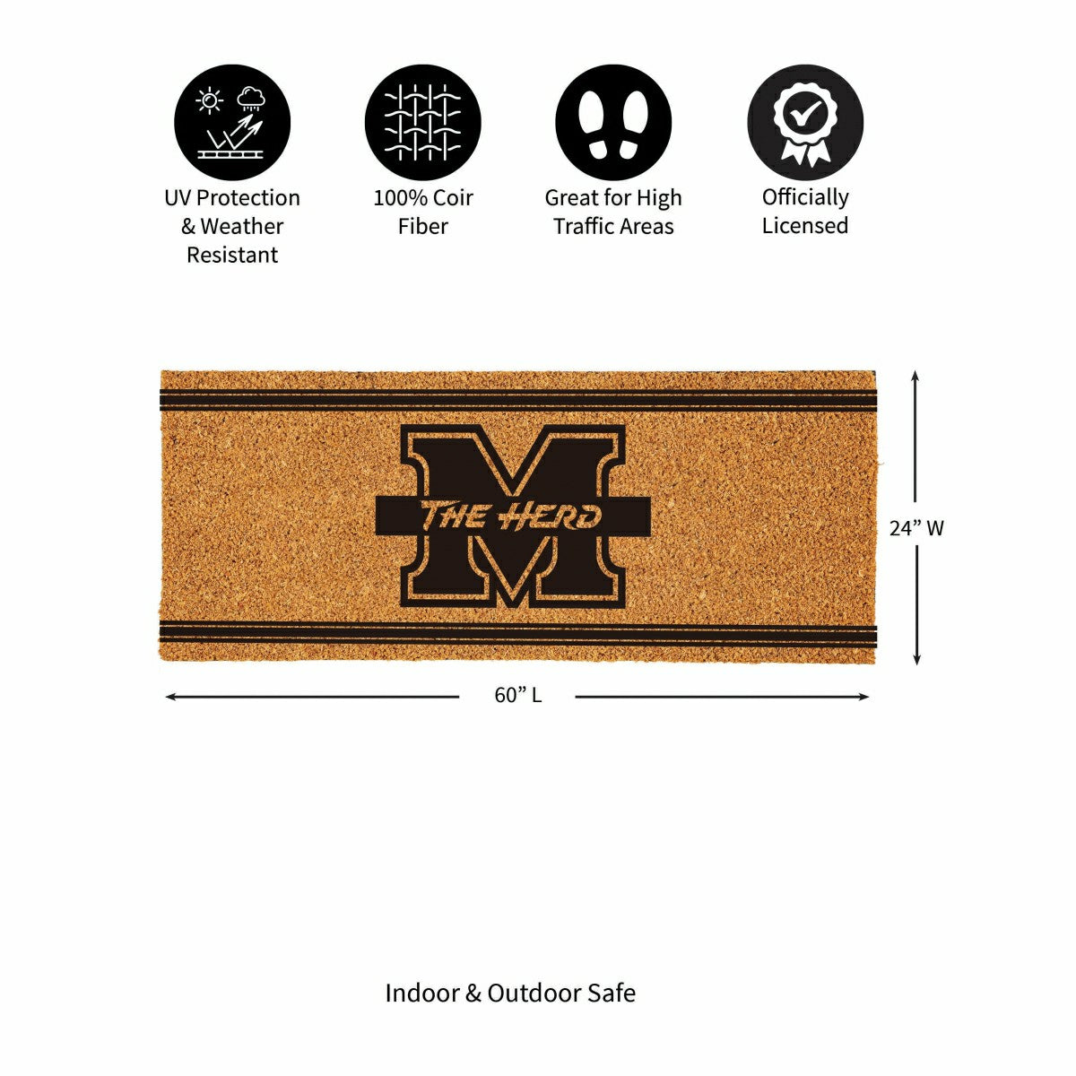 Marshall University Extra Large One Color Coir Mat, 60"x24", Collegiate