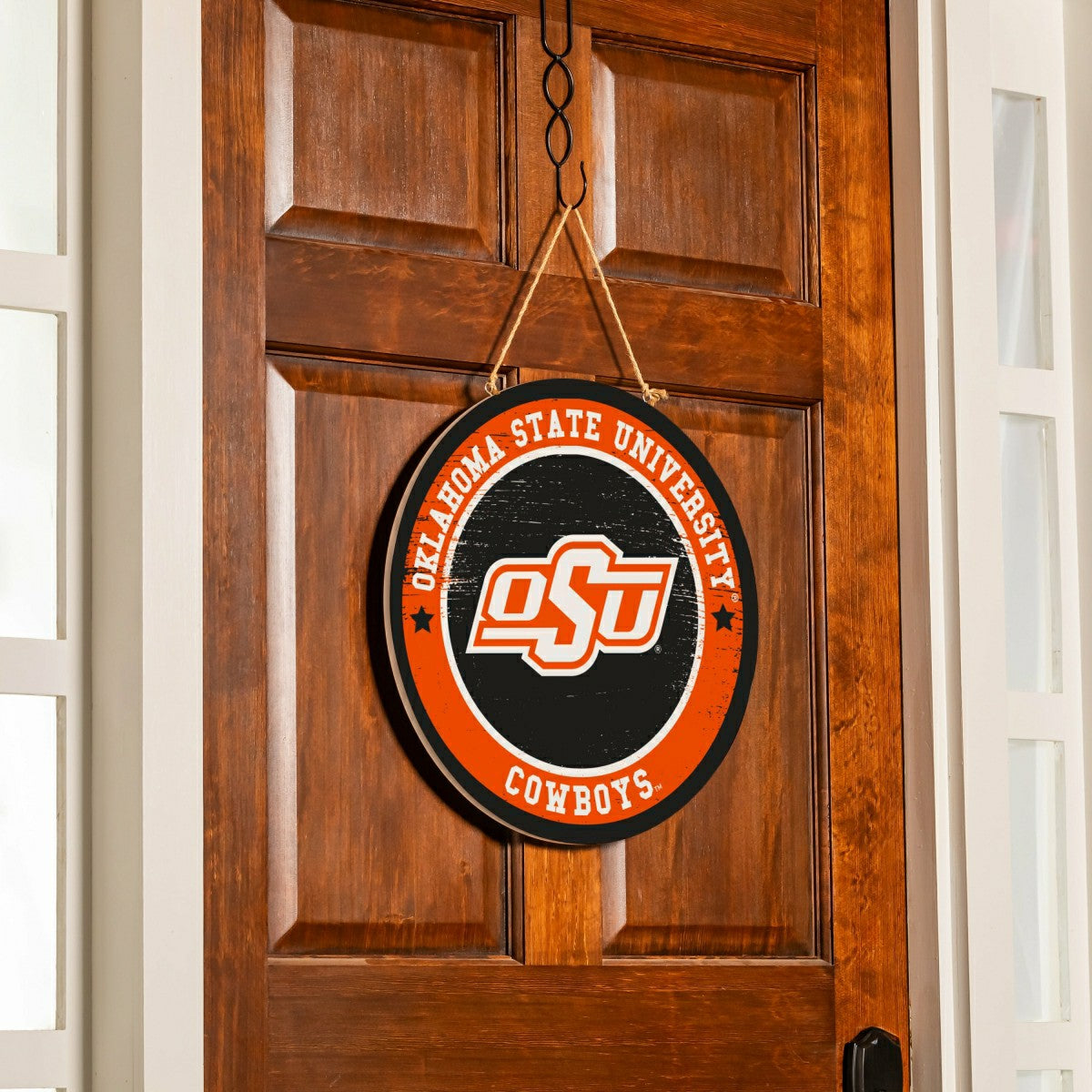 Oklahoma State University Round Door Décor with Hanging Rope, 18x18, Collegiate, Home
