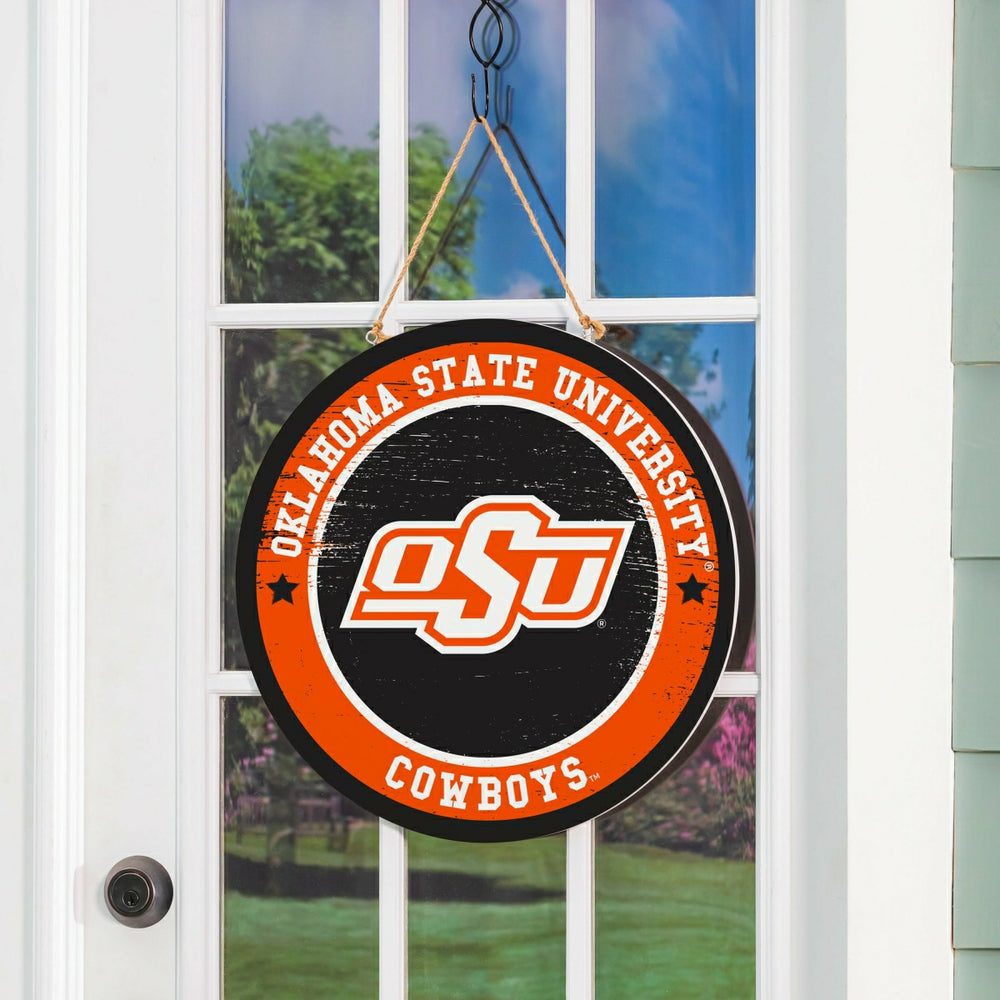 Oklahoma State University Round Door Décor with Hanging Rope, 18x18, Collegiate, Home