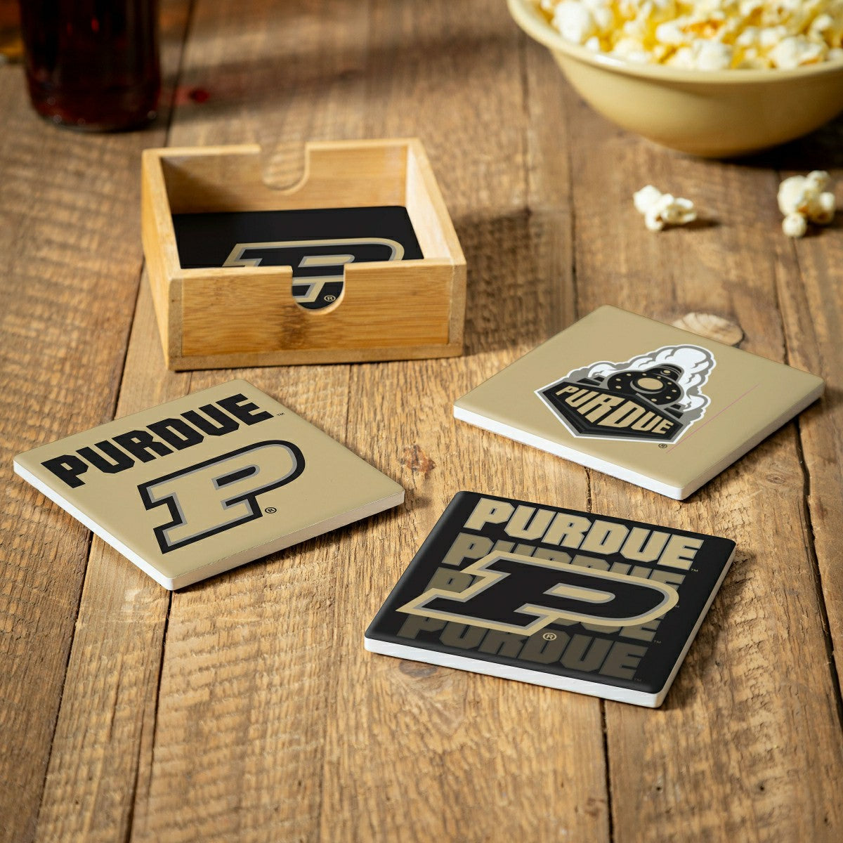 Purdue University Ceramic Coasters Set, 4pcs with Wood Caddy, Collegiate, Home