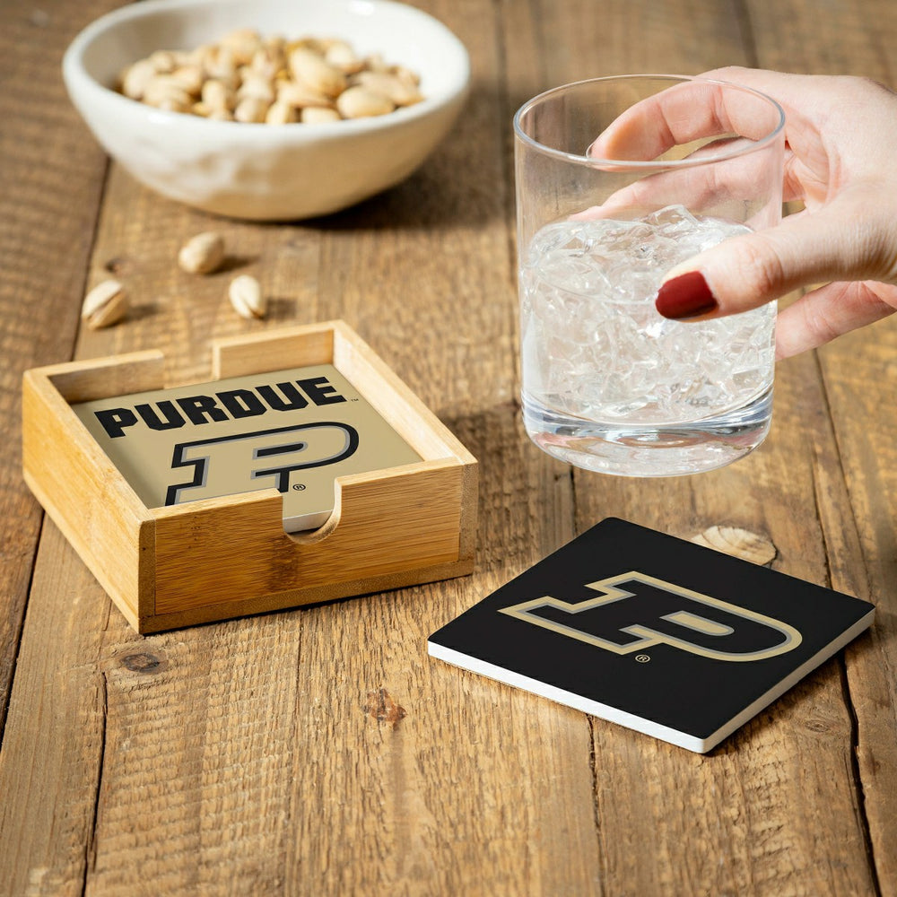Purdue University Ceramic Coasters Set, 4pcs with Wood Caddy, Collegiate, Home