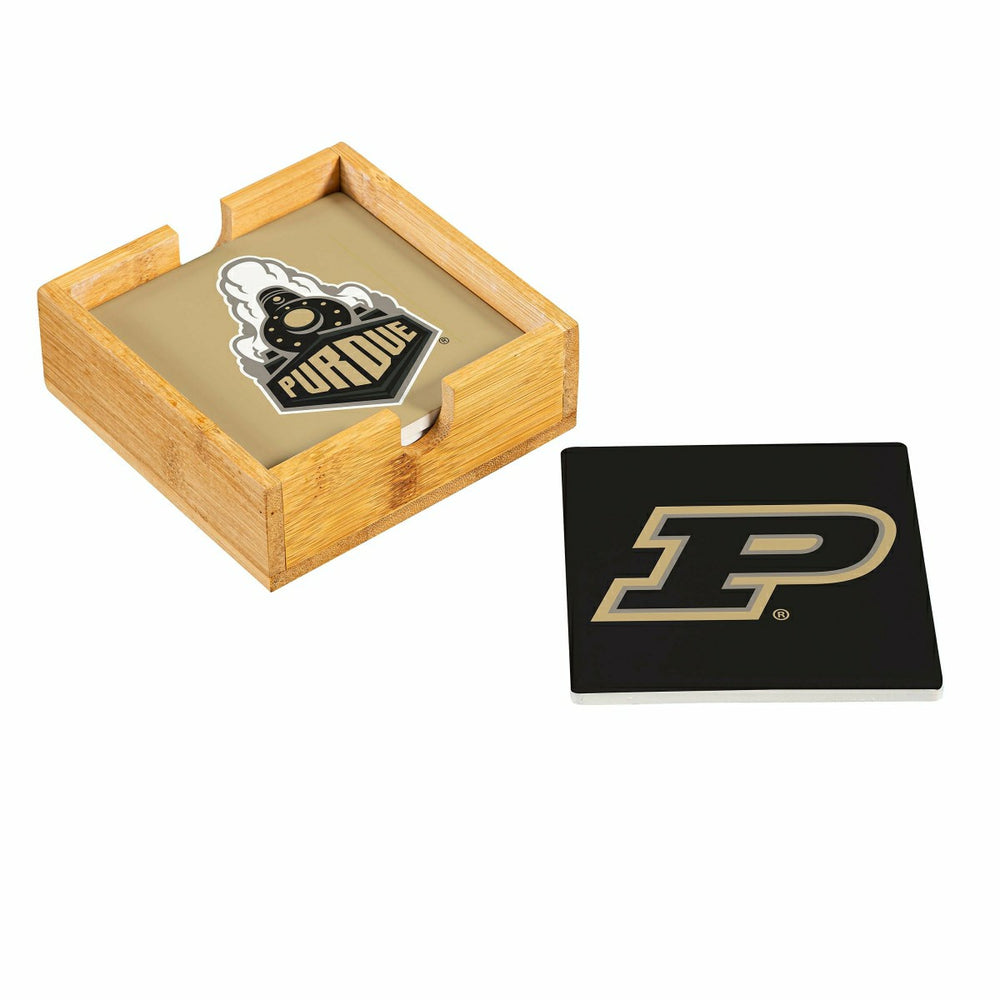 Purdue University Ceramic Coasters Set, 4pcs with Wood Caddy, Collegiate, Home