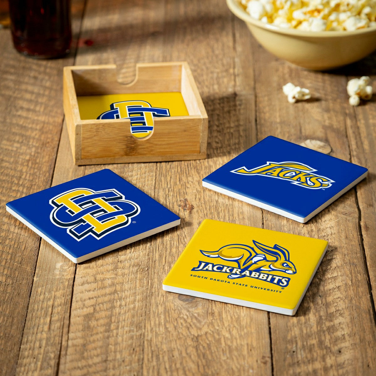 South Dakota State University Ceramic Coasters Set, 4pcs with Wood Cad, Collegiate, Home