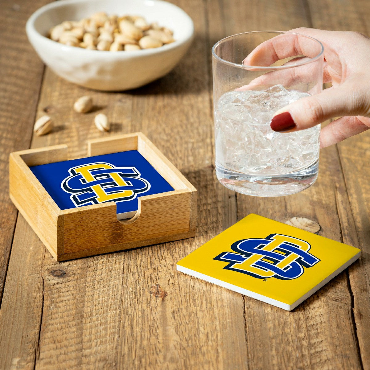 South Dakota State University Ceramic Coasters Set, 4pcs with Wood Cad, Collegiate, Home