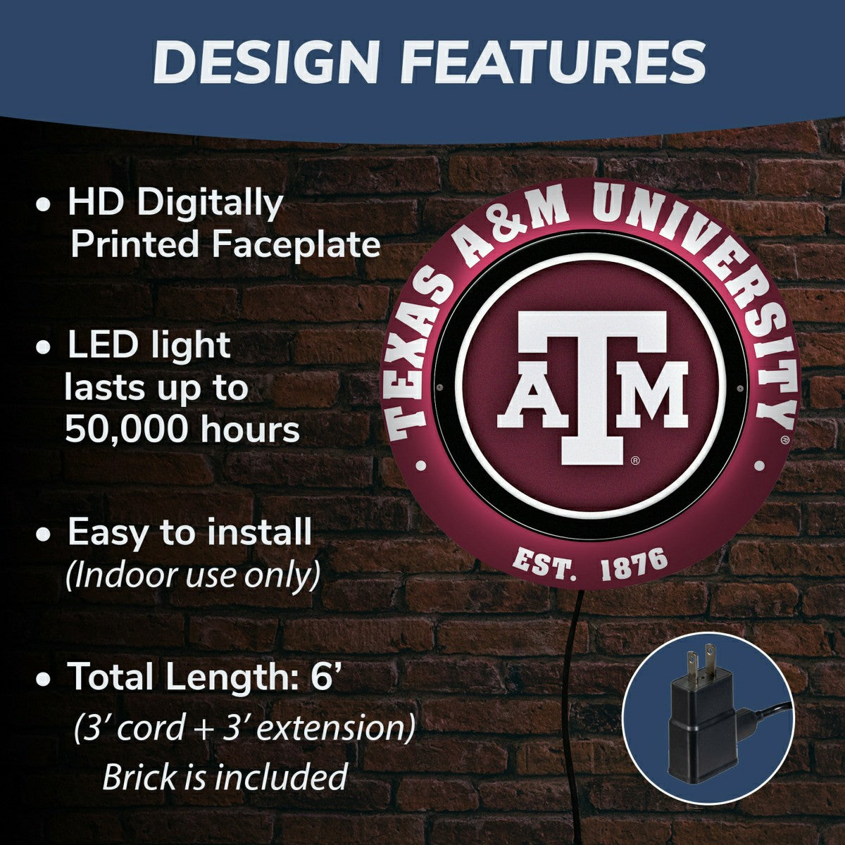 Texas A&M, Metal Lite, Round, Collegiate