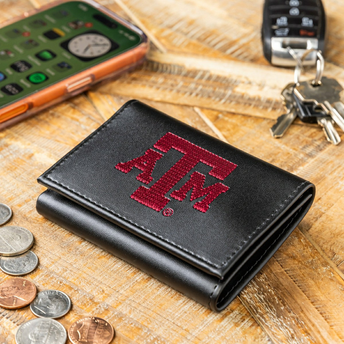 Texas A&M Black Tri-Fold Embroidered Wallet w/ RFID Blocking, Collegiate, Home