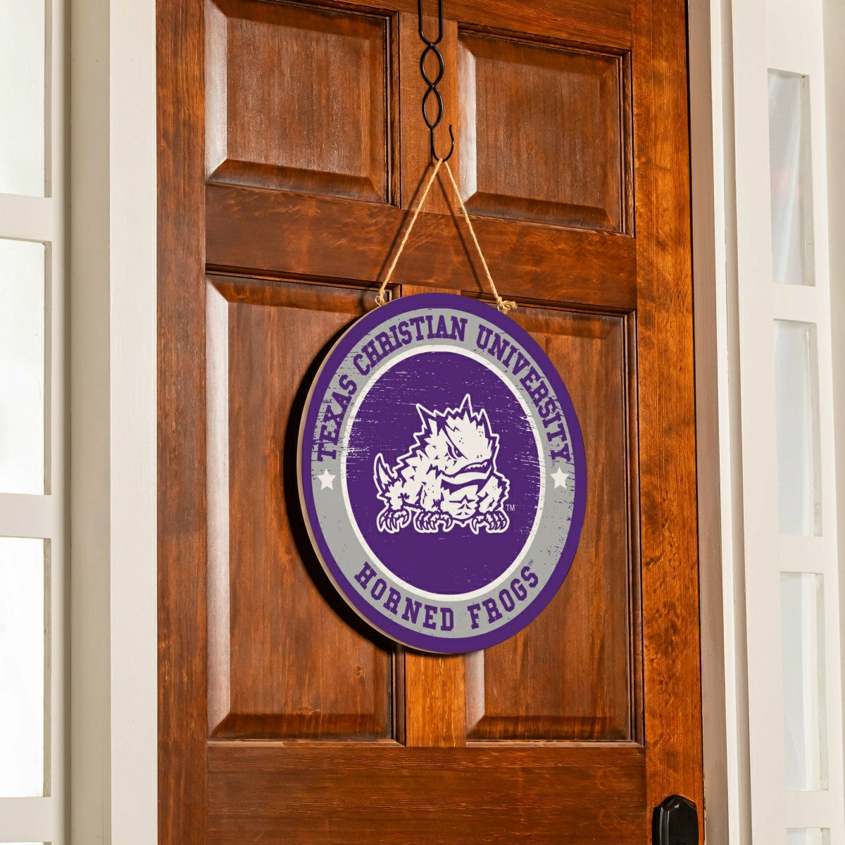 Texas Christian University Round Door Décor with Hanging Rope, 18x18, Collegiate, Home