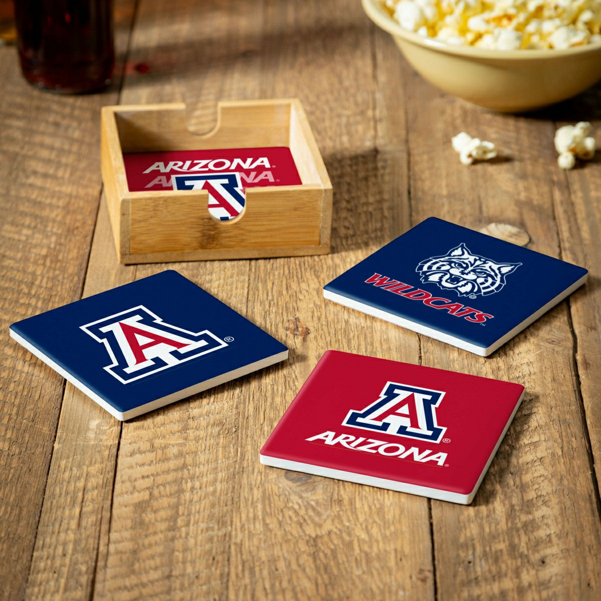 University of Arizona Ceramic Coasters Set, 4pcs with Wood Caddy, Collegiate, Home