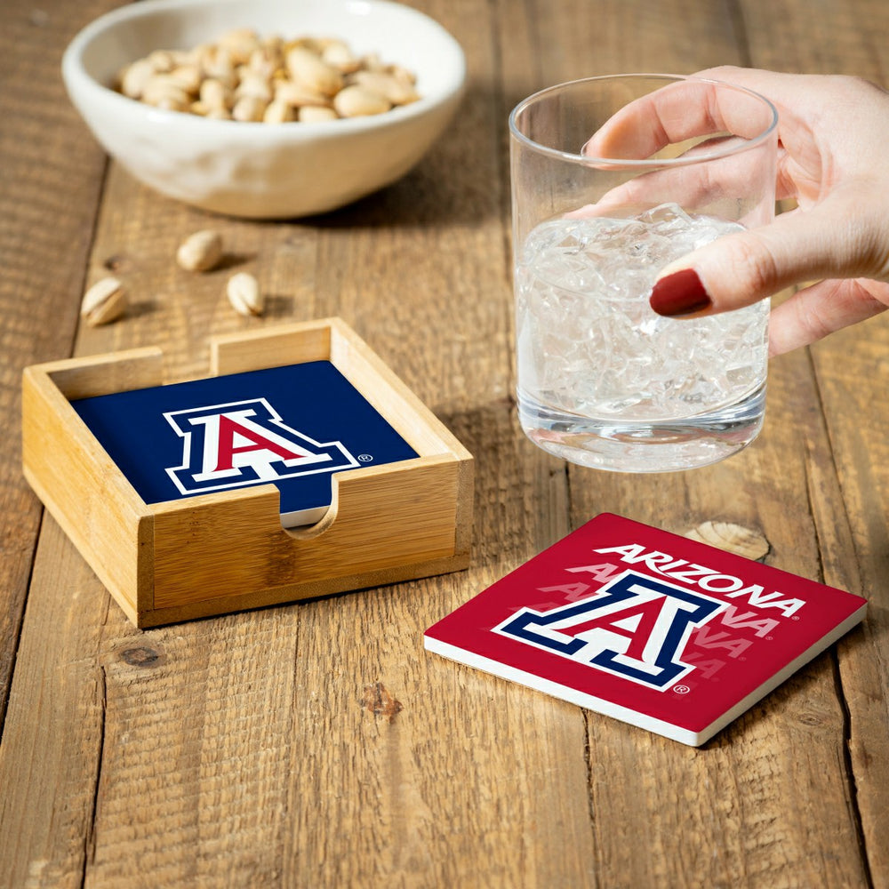 University of Arizona Ceramic Coasters Set, 4pcs with Wood Caddy, Collegiate, Home