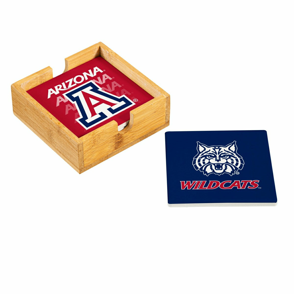 University of Arizona Ceramic Coasters Set, 4pcs with Wood Caddy, Collegiate, Home